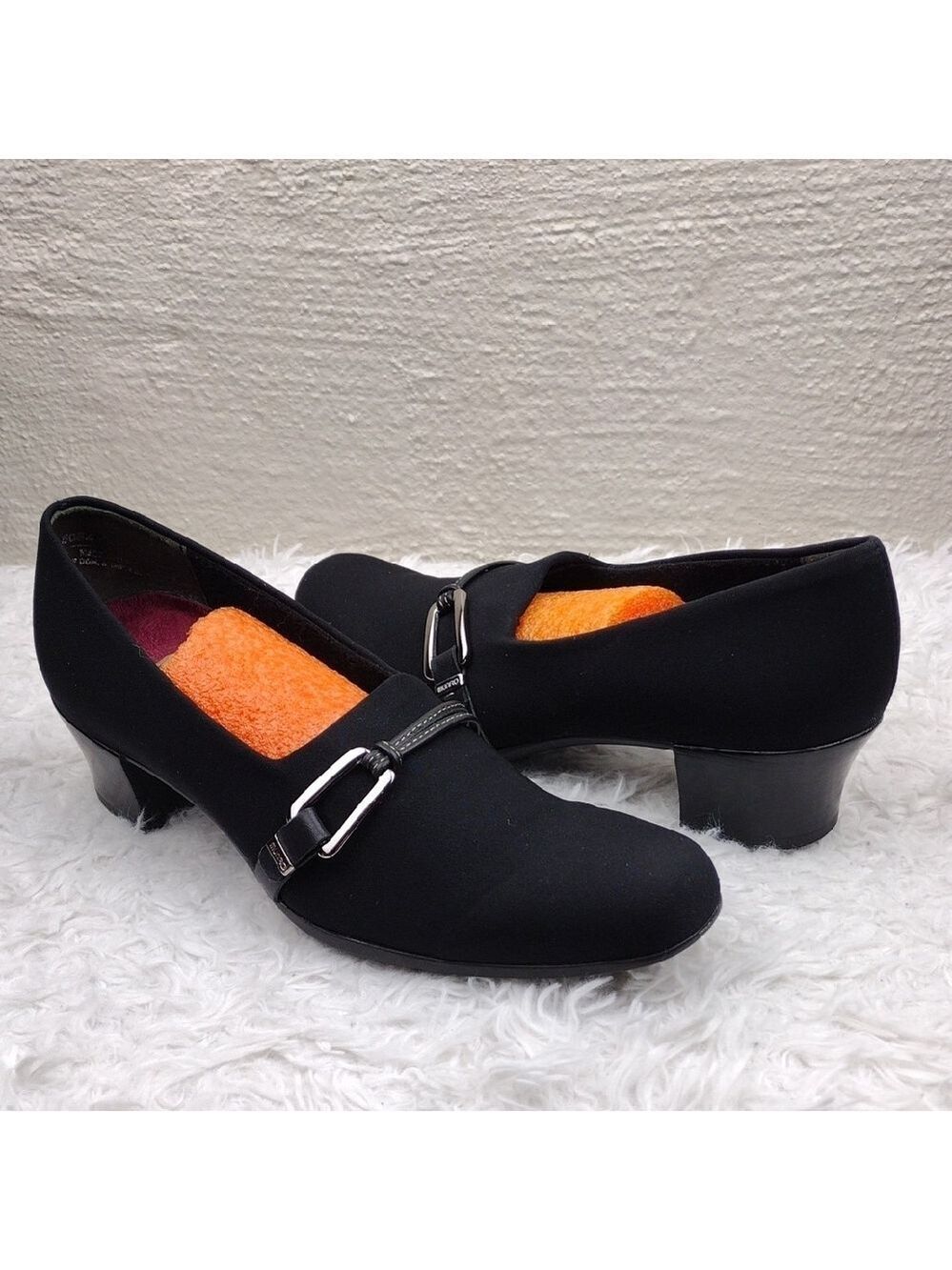 Munro Proper Size Black Fabric Buckle Detail Upper Square Toe Low Heel Shoe